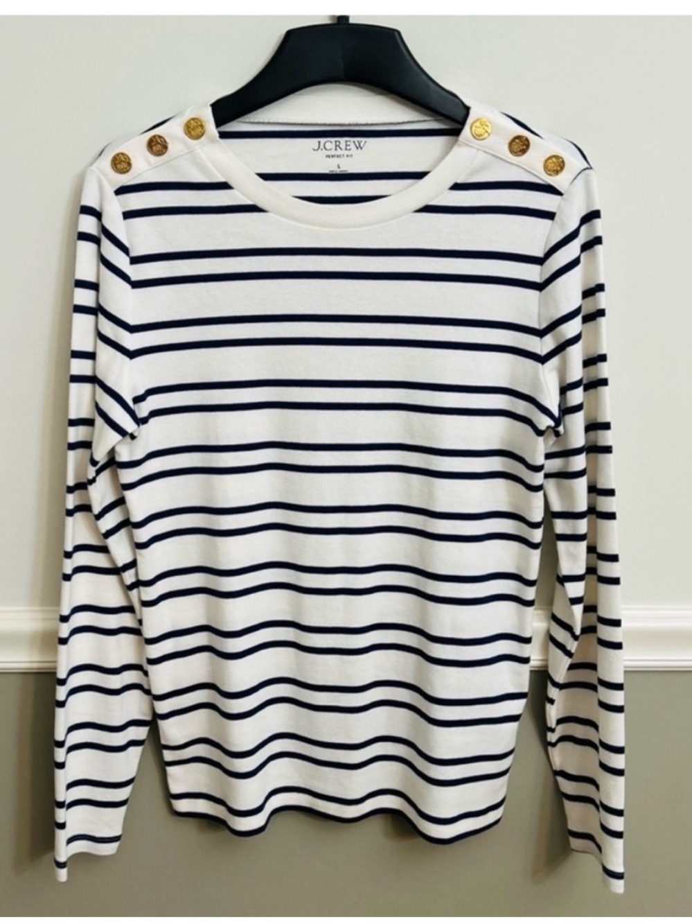J. Crew Navy White Perfect Fit Long Sleeve Crewneck Top Lion Buttons Size Large
